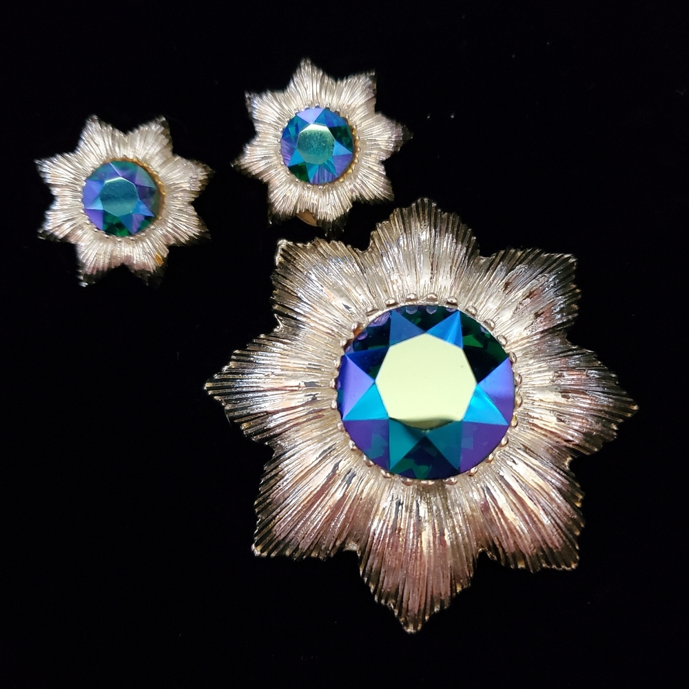 Vintage Rare Signed Garne Teal Sunflower Set Aroura Borealis Large 3-D